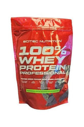 SciTec 100% Whey Protein Professional protein powder pack in chocolate flavor, gluten-free with added amino acids.